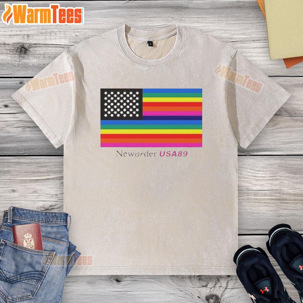Official New Order Usa 89 Flag Washed T Shirt Alt Text: Official New Order USA '89 Flag Washed T-Shirt featuring a vintage design and bold flag graphics. Perfect for fans!