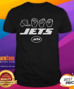 Official New York Jets Football Homage Youth Love Sign Hand Signals T-Shirt featuring vibrant team colors and logo.