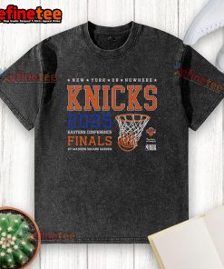 Alt Text: Official New York Knicks Eastern Conference Finals 2025 washed t-shirt featuring team logo and stylish design.