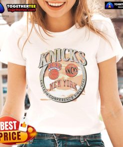 Alt Text: Official New York Knicks Eastern Conference Classics Crown Jewels Ladies Tee showcasing team spirit and style.