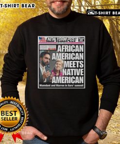 Official New York Post cover featuring Mamdani and Warren at Liars Summit in American Meets Native American sweatshirt.