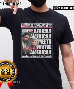 Official New York Post cover featuring Mamdani and Warren in 'Liars Summit' T-shirt, highlighting American meets Native American theme.