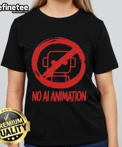 Alt Text: Official No AI Animation Plasticine Action Ladies Tee featuring vibrant colors and unique design for stylish comfort.