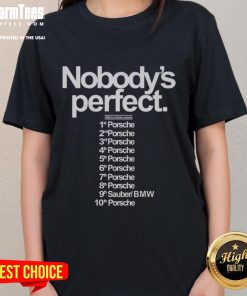 Official Nobody's Perfect Man's 1983 Porsche Ladies Tee featuring a vintage car graphic and stylish design.