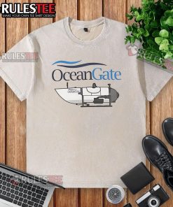 Official OceanGate Titan submersible disaster adventure T-shirt featuring Titanic wreck and lost submarine design.
