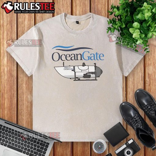 Official OceanGate Titan submersible disaster adventure T-shirt featuring Titanic wreck and lost submarine design.