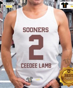 Alt Text: Official Oklahoma Sooners Football CeeDee Lamb tank top featuring team colors and player graphics.