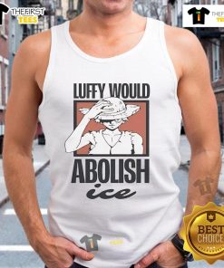 Official One Piece Luffy Would Abolish ICE Tank Top featuring vibrant graphics and a stylish design for anime fans.