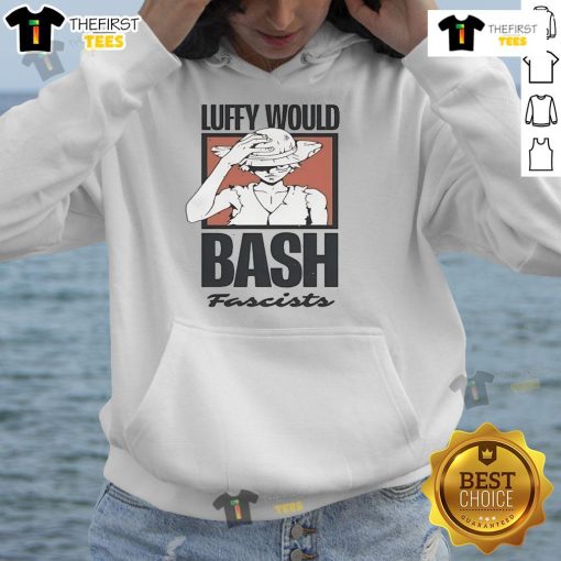 Official One Piece Luffy Would Bash Fascists hoodie featuring bold design and vibrant colors for anime fans.