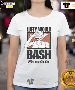 Official One Piece Luffy Would Bash Fascists Ladies Tee featuring vibrant graphic design and comfortable fit for fans.
