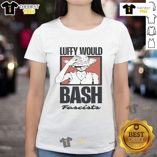 Official One Piece Luffy Would Bash Fascists Ladies Tee featuring vibrant graphic design and comfortable fit for fans.
