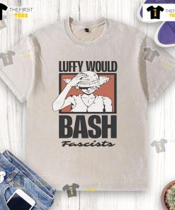 Official One Piece Luffy t-shirt featuring bold design advocating against fascism, perfect for anime fans and activists.