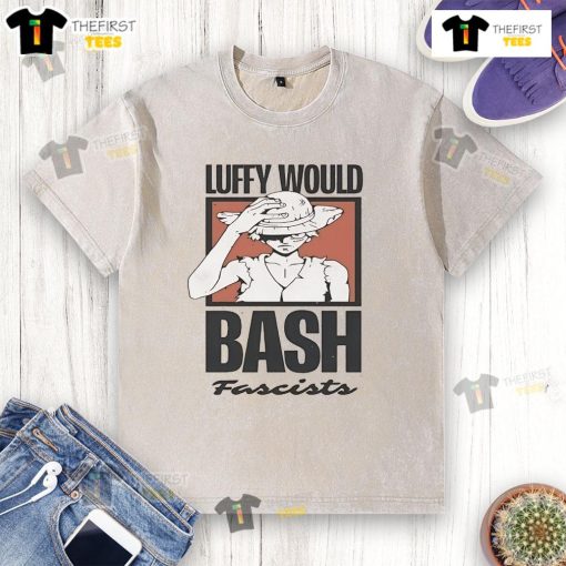 Official One Piece Luffy t-shirt featuring bold design advocating against fascism, perfect for anime fans and activists.