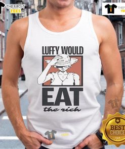 Official One Piece Luffy Would Eat The Rich Tank Top featuring vibrant design and iconic anime character for fans.