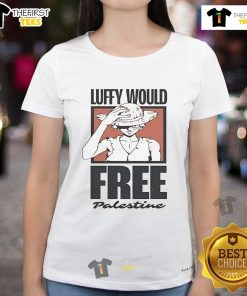 Official One Piece Luffy Would Free Palestine Ladies Tee featuring vibrant graphic design and stylish fit for fans.