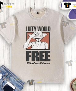 Official One Piece Luffy Would Free Palestine washed t-shirt featuring iconic anime character in a bold graphic design.