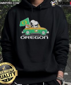 Alt Text: Official Oregon Ducks X Snoopy hoodie featuring Woodstock driving a car, perfect for fans and cozy style.