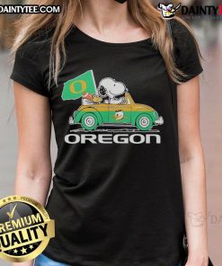 Official Oregon Ducks x Snoopy with Woodstock driving a car on a ladies tee shirt, perfect for fans and collectors.