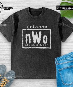 Alt Text: Official Orlando nWo New World Order washed t-shirt featuring bold logo and vintage style for wrestling fans.