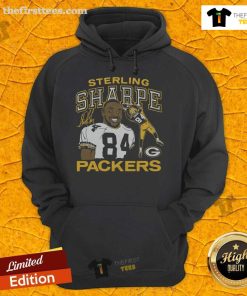 Alt Text: Official Packers Sterling Sharpe signature hoodie featuring vibrant team colors and Sharpe's iconic autograph design.