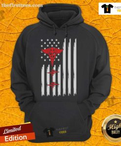 Official Patriotic Medical American Flag hoodie featuring a red caduceus and heartbeat design, perfect for healthcare heroes.