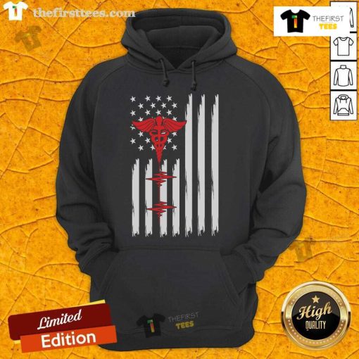Official Patriotic Medical American Flag hoodie featuring a red caduceus and heartbeat design, perfect for healthcare heroes.