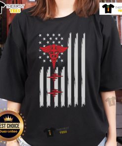 Official Patriotic Medical American Flag Tee with Red Caduceus and Heartbeat design for ladies, perfect for healthcare professionals.