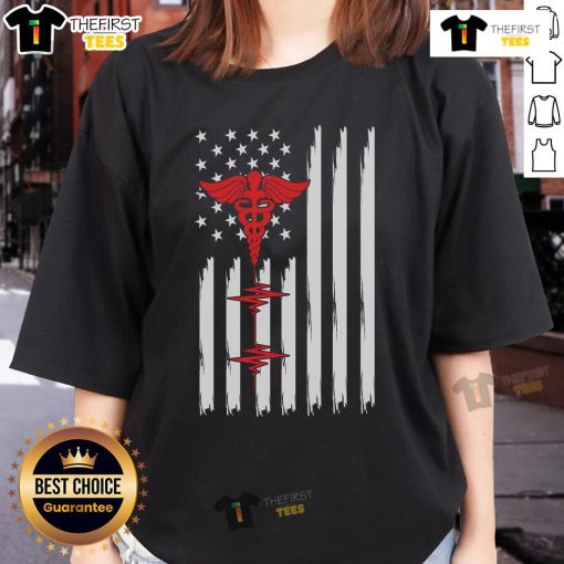 Official Patriotic Medical American Flag Tee with Red Caduceus and Heartbeat design for ladies, perfect for healthcare professionals.