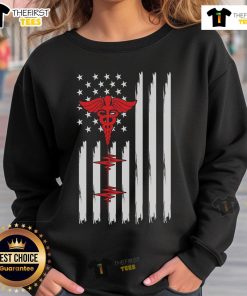 Alt Text: Official Patriotic Medical American Flag sweatshirt featuring red caduceus and heartbeat design for healthcare professionals.