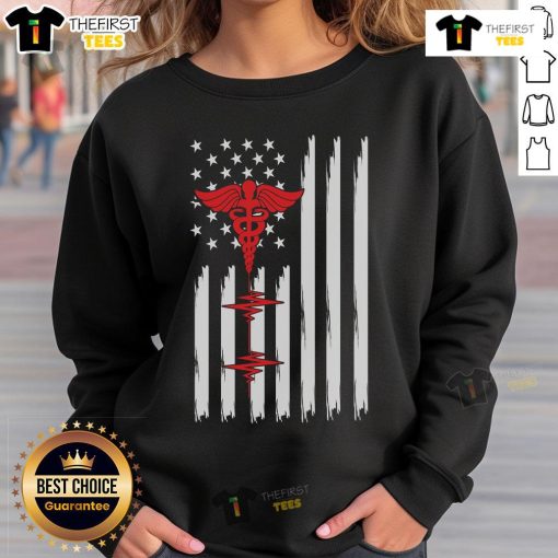 Alt Text: Official Patriotic Medical American Flag sweatshirt featuring red caduceus and heartbeat design for healthcare professionals.