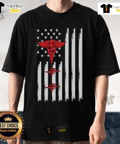 Official Patriotic Medical American Flag T-Shirt featuring a red caduceus and heartbeat design, perfect for healthcare heroes.