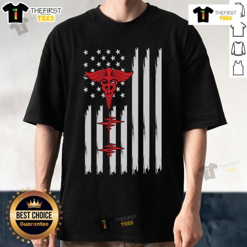 Official Patriotic Medical American Flag T-Shirt featuring a red caduceus and heartbeat design, perfect for healthcare heroes.