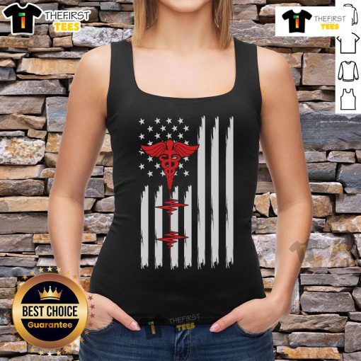 Official Patriotic Medical American Flag tank top with red caduceus and heartbeat design, perfect for healthcare professionals.