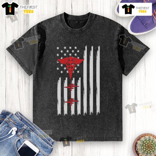 Official Patriotic Medical T-Shirt featuring American flag, red caduceus, and heartbeat design for healthcare heroes.