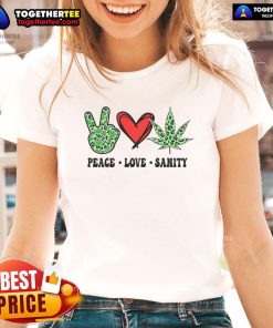 Official Peace Love Sanaty Ladies Tee featuring a stylish design for women who love comfort and positivity.