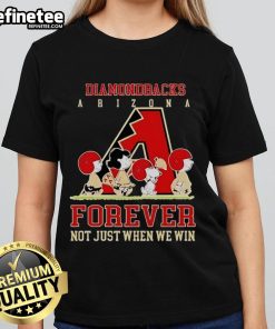 Official Peanuts Charlie Brown Snoopy Arizona Diamondbacks baseball tee for ladies, celebrating team spirit and loyalty.