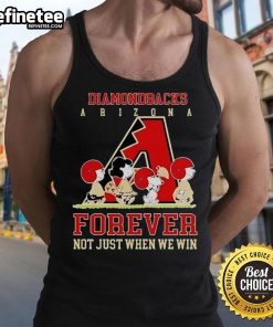 Official Peanuts Charlie Brown Snoopy Arizona Diamondbacks baseball tank top featuring 'Forever, Not Just When We Win' slogan.