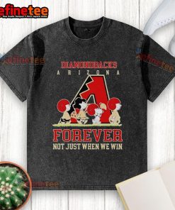 Official Peanuts Charlie Brown Snoopy Arizona Diamondbacks baseball t-shirt featuring 'Forever, Not Just When We Win' design.