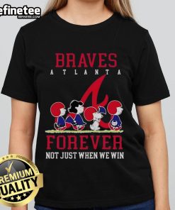 Official Peanuts Charlie Brown Snoopy Atlanta Braves baseball tee for ladies, celebrating fandom beyond just winning.