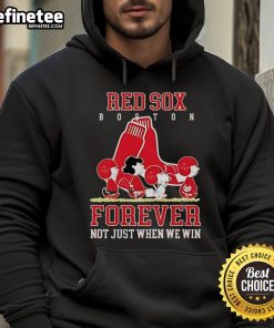 Charlie Brown and Snoopy hoodie featuring Boston Red Sox logo, 'Forever Not Just When We Win' slogan, perfect for fans.