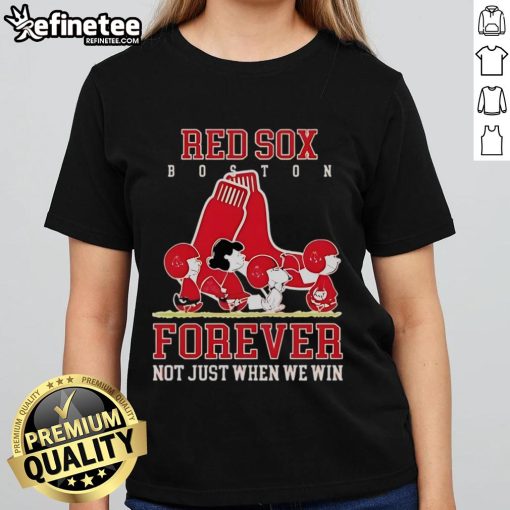 Official Peanuts Charlie Brown Snoopy Boston Red Sox Baseball Forever Ladies Tee showcasing team spirit and style.