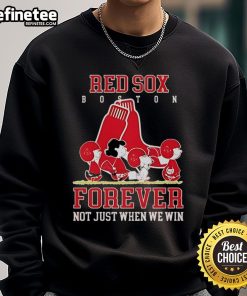Official Peanuts Charlie Brown Snoopy Boston Red Sox sweatshirt featuring 'Forever Not Just When We Win' slogan.