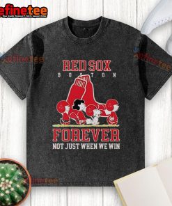 Official Peanuts Charlie Brown Snoopy Boston Red Sox baseball t-shirt, featuring 'Forever, Not Just When We Win' slogan.