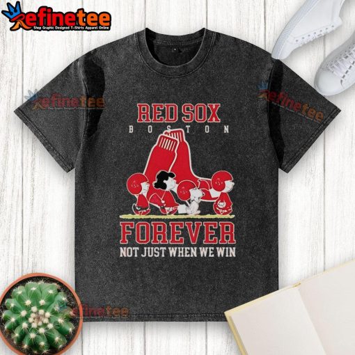 Official Peanuts Charlie Brown Snoopy Boston Red Sox baseball t-shirt, featuring 'Forever, Not Just When We Win' slogan.
