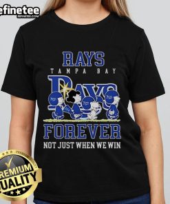 Official Peanuts Charlie Brown Snoopy Tampa Bay Rays baseball ladies tee with 'Forever, Not Just When We Win' slogan.