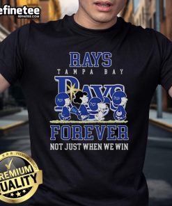 Official Peanuts Charlie Brown Snoopy Tampa Bay Rays baseball t-shirt, featuring 'Forever Not Just When We Win' slogan.