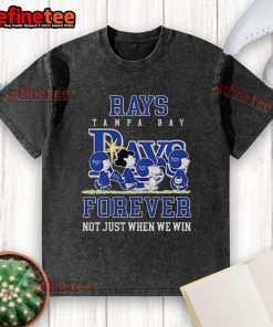 Official Peanuts Charlie Brown Snoopy Tampa Bay Rays baseball t-shirt, featuring 'Forever Not Just When We Win' slogan.