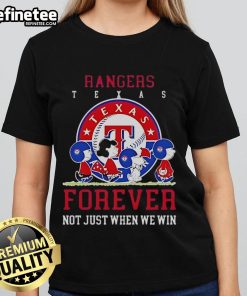 Alt Text: Official Peanuts Charlie Brown Snoopy Texas Rangers baseball tee for ladies Forever, not just when we win.
