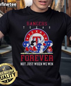 Alt Text: Official Peanuts Charlie Brown Snoopy Texas Rangers Baseball Forever T-Shirt for fans, celebrating team spirit.