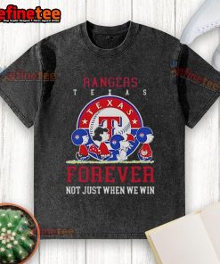 Alt Text: Official Peanuts Charlie Brown Snoopy Texas Rangers baseball t-shirt with Forever, Not Just When We Win slogan.